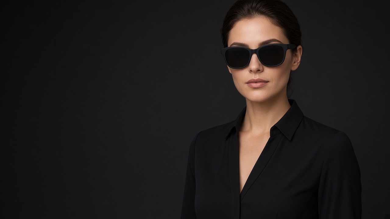 Woman wearing black GEO sunglasses against a dark studio background